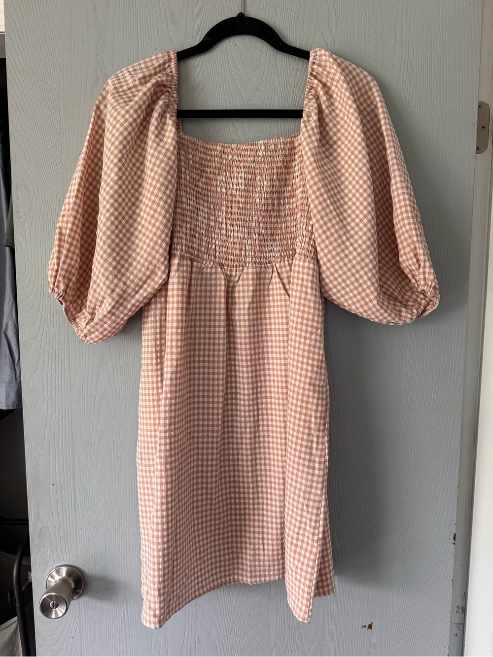 Smocked Gingham Puff-Sleeve Mini Dress - Blush